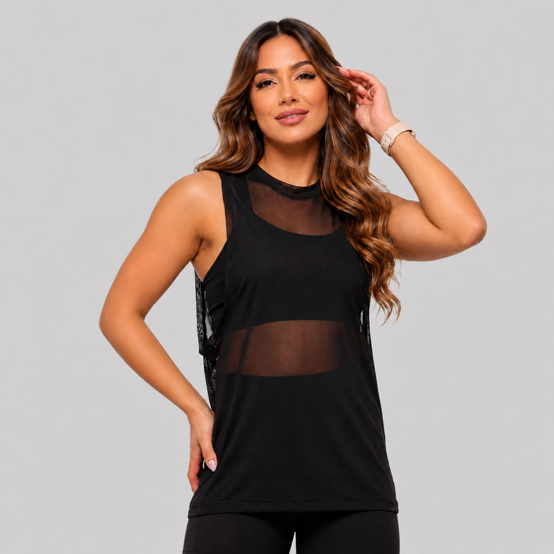 Regata Transparente Fitness Feminina – Tule Leve para Academia e Treino