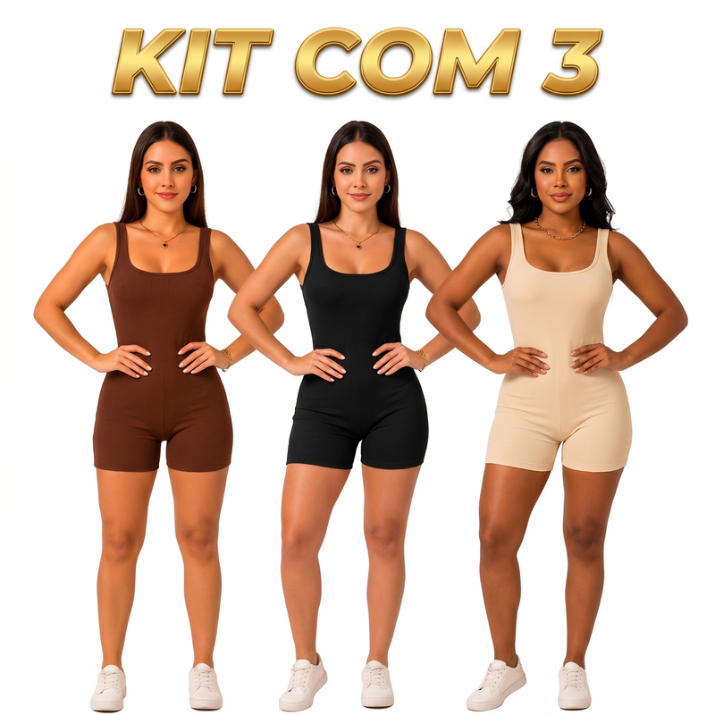 Kit 3 Macaquinhos Fitness Femininos – Ribana Canelada Premium Modeladora