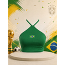 Blusa Top Cropped Feminino Logo Brasil - Frente Única Gola Halter Sexy Brasimyl - Estilo Copa Torcida Academia Fitness
