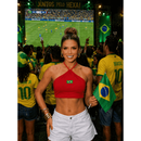 Blusa Top Cropped Feminino Logo Brasil - Frente Única Gola Halter Sexy Brasimyl - Estilo Copa Torcida Academia Fitness