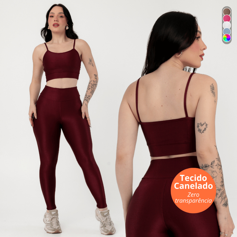 Conjunto Feminino Fitness Canelado Zero Transparencia Legging e Top Academia Treino