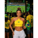 Blusa Top Cropped Feminino Logo Brasil - Frente Única Gola Halter Sexy Brasimyl - Estilo Copa Torcida Academia Fitness