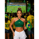 Blusa Top Cropped Feminino Logo Brasil - Frente Única Gola Halter Sexy Brasimyl - Estilo Copa Torcida Academia Fitness