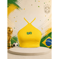 Blusa Top Cropped Feminino Logo Brasil - Frente Única Gola Halter Sexy Brasimyl - Estilo Copa Torcida Academia Fitness