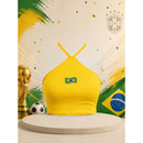 Blusa Top Cropped Feminino Logo Brasil - Frente Única Gola Halter Sexy Brasimyl - Estilo Copa Torcida Academia Fitness