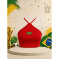 Blusa Top Cropped Feminino Logo Brasil - Frente Única Gola Halter Sexy Brasimyl - Estilo Copa Torcida Academia Fitness