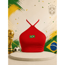 Blusa Top Cropped Feminino Logo Brasil - Frente Única Gola Halter Sexy Brasimyl - Estilo Copa Torcida Academia Fitness