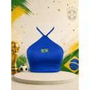 Blusa Top Cropped Feminino Logo Brasil - Frente Única Gola Halter Sexy Brasimyl - Estilo Copa Torcida Academia Fitness