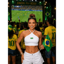 Blusa Top Cropped Feminino Logo Brasil - Frente Única Gola Halter Sexy Brasimyl - Estilo Copa Torcida Academia Fitness