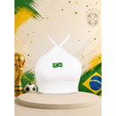 Blusa Top Cropped Feminino Logo Brasil - Frente Única Gola Halter Sexy Brasimyl - Estilo Copa Torcida Academia Fitness