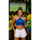 Blusa Top Cropped Feminino Logo Brasil - Frente Única Gola Halter Sexy Brasimyl - Estilo Copa Torcida Academia Fitness